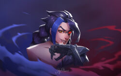 Rule 34 | 1boy, absurdres, angelmoonlight, armor, artist name, black hair, blue background, blue hair, colored sclera, cropped torso, heterochromia, highres, kayn (league of legends), league of legends, little legend, long hair, male focus, multi-tied hair, multicolored hair, red background, red sclera, shoulder armor, single bare shoulder, solo, steam, two-tone hair, upper body