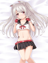 Rule 34 | 1girl, animal ear fluff, animal ears, azur lane, bed sheet, belt, belt buckle, black sailor collar, black skirt, blue nails, blush, braid, breasts, buckle, closed mouth, collarbone, commentary request, crop top, crop top overhang, fingerless gloves, fingernails, gloves, grey hair, groin, hair ornament, hands up, highres, long hair, lying, medium breasts, miniskirt, multicolored nails, nail polish, navel, on back, one side up, panties, pink nails, pleated skirt, puffy short sleeves, puffy sleeves, red belt, red eyes, red gloves, sailor collar, school uniform, serafuku, shirt, short sleeves, side-tie panties, side braid, single braid, skirt, solo, thick eyebrows, thigh gap, u2 (5798239), underboob, underwear, very long hair, wavy mouth, white panties, white shirt, wolf ears, yuudachi (azur lane)