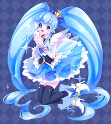 Rule 34 | absurdres, argyle, argyle background, argyle clothes, black thighhighs, blue background, blue eyes, blue hair, blue skirt, blue theme, boots, brooch, crown, cure princess, frills, full body, hair bun, happinesscharge precure!, heart hair bun, high heels, highres, jewelry, kisumi rei, long hair, looking at viewer, magical girl, mini crown, open mouth, precure, shirayuki hime, short sleeves, skirt, smile, sparkle, thighhighs, twintails, very long hair, vest, white footwear, wing brooch, wing earrings, wings