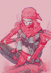 Rule 34 | 1boy, animal, animal on hand, apex legends, bandana, black sclera, chinese commentary, classic revenant, colored sclera, danieldanlllll, glitch, heart, highres, humanoid robot, looking down, orange eyes, pink background, red bandana, red scarf, revenant (apex legends), robot, scarf, simulacrum (titanfall), sitting, solo