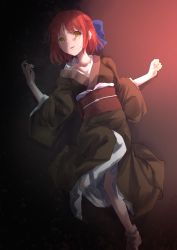 Rule 34 | 1girl, absurdres, bow, brown kimono, chiizu ore, collarbone, dappled sunlight, dark, empty eyes, expressionless, from above, hair bow, hands up, highres, japanese clothes, kimono, knee up, kohaku (tsukihime), looking at viewer, lying, maid, obi, on back, on ground, outstretched arms, parted lips, red hair, sash, short hair, solo, spread arms, sunlight, tabi, tsukihime, wa maid, wide sleeves