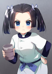 Rule 34 | 1girl, :t, absurdres, aged down, black hair, blue eyes, blue jacket, blush, butterfly hair ornament, closed mouth, cup, dress, fingernails, forehead, hair ornament, hand on own hip, highres, holding, holding cup, ikazu401, jacket, kanzaki aoi (kimetsu no yaiba), kimetsu no yaiba, layered sleeves, long sleeves, looking at viewer, parted bangs, pout, short over long sleeves, short sleeves, solo, twintails, v-shaped eyebrows, white dress, yunomi