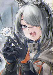 Rule 34 | 1girl, absurdres, animal ears, arknights, black gloves, chinese commentary, commentary, commentary request, english commentary, frostnova (arknights), gloves, grey cloak, grey eyes, grey pupils, hair ornament, hair over one eye, hairclip, hands up, highres, huge filesize, jumbowhopper, korean commentary, long hair, long sleeves, looking at viewer, mixed-language commentary, one eye covered, open mouth, rabbit ears, scar, scar on face, scar on nose, silver hair, solo, spoken object, teeth