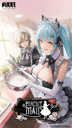 Rule 34 | 2girls, @ @, ade (nikke), animal ear fluff, animal ears, apron, aqua hair, black dress, black ribbon, bowl, breasts, cat ears, cleavage, copyright name, curtains, day, dress, elbow gloves, english text, frilled apron, frills, glasses, gloves, goddess of victory: nikke, green eyes, hair ornament, hairclip, highres, holding, holding bowl, holding whisk, indoors, juliet sleeves, long sleeves, mixing bowl, multiple girls, official art, open mouth, parted bangs, privaty (nikke), privaty (unkind maid) (nikke), puffy sleeves, raised eyebrows, ribbon, sunlight, swept bangs, teeth, twintails, upper teeth only, whisk, white apron, white gloves, window, yellow eyes