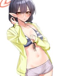 Rule 34 | 1girl, absurdres, ayane (blue archive), ayane (swimsuit) (blue archive), bikini, bikini top only, black hair, blue archive, blush, breasts, brown eyes, glasses, gunpuu, halo, highres, jacket, long sleeves, looking at viewer, medium breasts, open clothes, open jacket, parted lips, pointy ears, red-framed eyewear, short hair, short shorts, shorts, simple background, solo, striped bikini, striped clothes, swimsuit, wet, white background, white shorts, yellow jacket