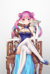 Rule 34 | 1girl, ahoge, alternate costume, bare shoulders, blue dress, blue footwear, blue hair, breasts, chair, china dress, chinese clothes, cleavage, cleavage cutout, clothing cutout, colored inner hair, crossed legs, double bun, dress, elbow gloves, folding fan, gloves, gradient background, hair bun, hair ornament, hand fan, hand up, hokori sakuni, holding, holding fan, hololive, long hair, looking at viewer, medium breasts, minato aqua, multicolored hair, pink eyes, pink hair, shoes, sitting, sleeveless, sleeveless dress, solo, thighhighs, twintails, two-tone hair, virtual youtuber, white background, white gloves, white thighhighs