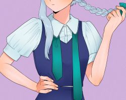 Rule 34 | 1girl, bad id, bad twitter id, blue skirt, blue vest, bow, braid, closed mouth, collared shirt, green bow, green necktie, grey hair, hair bow, hand in own hair, hand on own hip, head out of frame, izayoi sakuya, long hair, necktie, puffy short sleeves, puffy sleeves, purple background, shirt, short sleeves, sibata maru, simple background, single braid, skirt, touhou, undone necktie, vest, white shirt