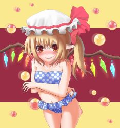 Rule 34 | 1girl, absurdres, afterimage, alternate costume, bikini, bikini skirt, blonde hair, blush, chainmon, crossed arms, embarrassed, fang, fang out, flandre scarlet, full-face blush, hat, hat ribbon, highres, looking at viewer, mob cap, navel, orb, parted lips, pointy ears, polka dot, polka dot bikini, polka dot swimsuit, red eyes, ribbon, short hair, side ponytail, simple background, slit pupils, solo, swimsuit, touhou, two-tone background, wings