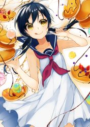 Rule 34 | 1girl, :q, absurdres, black hair, blue sailor collar, blueberry, blush, closed mouth, crepe, dress, dutch angle, food, fork, fruit, highres, holding, holding fork, licking lips, neckerchief, original, plate, red neckerchief, sailor collar, sailor dress, smile, sogawa, solo, standing, strawberry, tongue, tongue out, white dress, yellow eyes