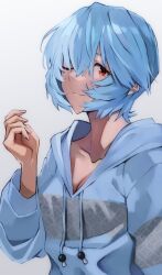 Rule 34 | arm at side, ayanami rei, blue hair, blue hoodie, breasts, casual, cleavage, close-up, closed mouth, collarbone, commentary, curled fingers, drawstring, from side, grey hoodie, hair over one eye, hand up, highres, hood, hood down, hoodie, light smile, long bangs, long sleeves, looking at viewer, looking to the side, medium breasts, neon genesis evangelion, one eye closed, red eyes, short hair, simple background, single horizontal stripe, smile, two-tone hoodie, upper body, white background, yagisawa teru