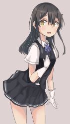 Rule 34 | 1girl, black hair, black skirt, black vest, blue ribbon, gloves, grey background, hair between eyes, hair ornament, hairclip, hand on own chest, highres, kantai collection, leaning forward, looking at viewer, neck ribbon, oyashio (kancolle), pleated skirt, ribbon, shirt, short sleeves, simple background, skirt, solo, vest, wasumi kei, white gloves, white shirt, yellow eyes