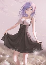 Rule 34 | 1girl, alternate costume, blue eyes, breasts, closed mouth, clothes lift, cloud, commentary, dress, dress lift, flower, hair ornament, highres, hill, looking at viewer, marinesnow, medium hair, outdoors, re:zero kara hajimeru isekai seikatsu, rem (re:zero), scenery, smile, solo, thighs