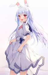 Rule 34 | 1girl, :d, absurdres, alternate costume, alternate hairstyle, animal ear fluff, animal ears, blue bow, blue hair, blue sailor collar, blush, bow, commentary request, day, dress, feet out of frame, from side, hair down, highres, hololive, keis (locrian1357), long hair, looking at viewer, looking to the side, open mouth, outdoors, pink neckwear, puffy short sleeves, puffy sleeves, rabbit ears, rabbit girl, red eyes, sailor collar, sailor dress, short sleeves, skirt hold, smile, solo, standing, sunlight, thick eyebrows, usada pekora, very long hair, virtual youtuber, water, white dress