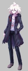 Rule 34 | 1boy, ahoge, black pants, brown footwear, closed mouth, coat, collarbone, commentary request, danchu (danchu0628), danganronpa (series), danganronpa 2: goodbye despair, full body, green coat, grey background, grey hair, hair between eyes, hand in pocket, highres, jacket, komaeda nagito, legs apart, long sleeves, looking at viewer, male focus, messy hair, open clothes, open coat, pale skin, pants, print shirt, shirt, shoes, short hair, simple background, smile, solo, standing, torn clothes, white hair, white shirt