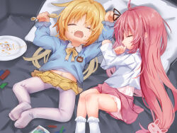 Rule 34 | 2girls, absurdres, aged down, blonde hair, finger in own mouth, highres, holding, holding spoon, kantai collection, kindergarten uniform, lego brick, logiclr, long hair, multiple girls, navel, pantyhose, pillow, pink hair, plate, satsuki (kancolle), sleeping, spoon, twintails, uzuki (kancolle), white pantyhose