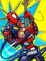 Rule 34 | 1boy, belt, cutiicosmo, electric guitar, formal, guitar, highres, holding, holding instrument, instrument, male focus, marvel, mask, music, playing instrument, solo, spider-man: across the spider-verse, spider-man (series), spider-punk, spider-verse, spikes, suit, vest