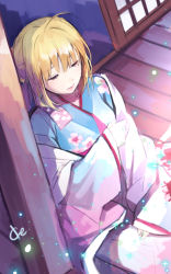 Rule 34 | 1girl, ahoge, alternate costume, artoria pendragon (all), artoria pendragon (fate), blonde hair, closed mouth, fate/stay night, fate (series), floral print, ice (ice aptx), japanese clothes, kimono, long sleeves, saber (fate), sitting, sleeping, solo, wide sleeves