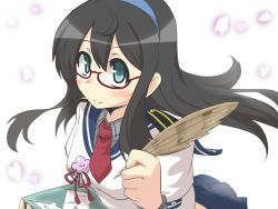 Rule 34 | 10s, 1girl, aqua eyes, black hair, blue hairband, commentary request, epaulettes, glasses, goma (gomasamune), hairband, holding, holding paper, kantai collection, leaning forward, long hair, looking at viewer, necktie, ooyodo (kancolle), paper, papers, pleated skirt, quill, school uniform, serafuku, skirt, smile, solo, upper body