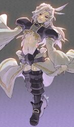Rule 34 | 1boy, artist name, black footwear, blue eyes, boots, cropped jacket, feather hair ornament, feathers, final fantasy, final fantasy ix, full body, gradient background, grey hair, hair between eyes, hair ornament, highres, kuja, long hair, long sleeves, looking at viewer, male focus, midriff, nanpou (nanpou0021), navel, parted bangs, parted lips, solo, thigh boots, toned, toned male, trap, waist cape, white lips, white sleeves