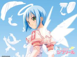 Rule 34 | 1girl, angel, blue hair, blush, feathers, glowing, glowing wings, green eyes, halo, looking at viewer, looking back, magical girl, makai tenshi djibril, manabe rika, short hair, smile, solo, wings