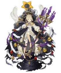 Rule 34 | 1girl, barefoot, blonde hair, bow, briar rose (sinoalice), candlestand, capelet, christmas ornaments, expressionless, frills, full body, half-closed eyes, ji no, looking at viewer, official art, one eye closed, short hair, sinoalice, solo, thorns, transparent background, yellow eyes