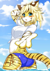 Rule 34 | 1girl, animal ears, animal hands, arm up, ass, bikini, bikini bottom only, blonde hair, blue bikini, blue eyes, blue sky, blush, breasts, cameltoe, claws, cloud, crop top, day, female focus, from behind, fullbokko heroes, furry, furry female, highres, looking at viewer, looking back, medium breasts, megane inu, navel, open mouth, outdoors, outstretched arm, shiny skin, shirt, short hair, short sleeves, side-tie bikini bottom, sky, solo, swimsuit, tail, tied shirt, wading, water, white shirt, zhang fei (fullbokko heroes)