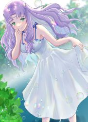 Rule 34 | 1girl, absurdres, alternate costume, bare shoulders, blurry, blush, breasts, bubble, commission, dappled sunlight, depth of field, dress, fire emblem, fire emblem: the blazing blade, florina (fire emblem), green eyes, highres, looking at viewer, medium breasts, nintendo, purple hair, skeb commission, skirt hold, sleeveless, sleeveless dress, smile, snow20200, solo, sunlight, twitter username, underwater, white dress