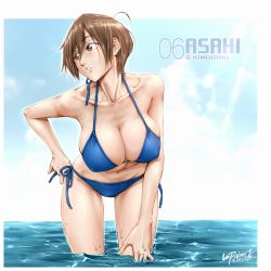 Rule 34 | 1girl, aizawa asahi (unbalance), artist name, bikini, breasts, brown eyes, brown hair, cleavage, collarbone, commentary request, dated, halterneck, highres, large breasts, legs apart, light rays, looking to the side, navel, ocean, original, parted lips, revision, short hair, side-tie bikini bottom, sidelocks, signature, solo, sunbeam, sunlight, swimsuit, thighs, unbalance, wading