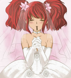 Rule 34 | 1girl, bare shoulders, blush, breasts, bridal veil, choker, chunsoft, dress, earrings, elbow gloves, eyelid piercing, closed eyes, flat chest, flower, food, gloves, hair flower, hair ornament, own hands clasped, jewelry, kyokugen dasshutsu, kyokugen dasshutsu: 9 jikan 9 nin 9 no tobira, long hair, mouth hold, own hands together, piercing, pocky, red hair, solo, tusia, twintails, veil, wedding dress, white dress, white gloves, yotsuba (kyokugen dasshutsu)