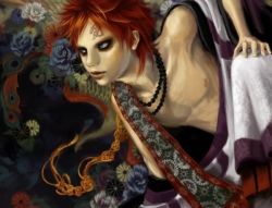 Rule 34 | 1boy, alternate costume, as (ashes), eyeliner, eyeshadow, facial mark, flower, gaara (naruto), green eyes, jewelry, makeup, male focus, naruto, naruto (series), necklace, open clothes, painterly, parted lips, realistic, red hair, sash, squatting