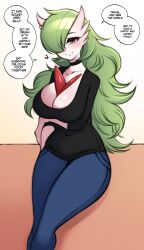Rule 34 | 1girl, absurdres, breasts, choker, cleavage, colored skin, creatures (company), english text, female focus, game freak, gardevoir, gen 3 pokemon, green hair, highres, large breasts, long hair, looking at viewer, nintendo, pokemon, saltyxodium, white skin