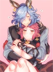 Rule 34 | 10s, 1boy, 1girl, blue hair, grabbing another&#039;s breast, breasts, collarbone, drunk (granblue fantasy), eno yukimi, closed eyes, gloves, grabbing, granblue fantasy, heart, horns, hug, hug from behind, huge breasts, pink background, red eyes, red hair, simple background, smile, spoken heart, sturm (granblue fantasy), thighs