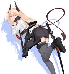 Rule 34 | 1girl, absurdres, blonde hair, blue eyes, boots, commentary, demon tail, drop shadow, english commentary, fingerless gloves, gloves, gun, highres, holding, holding sword, holding weapon, horns, kriss vector, long hair, original, short shorts, shorts, skindentation, solo, submachine gun, sword, tail, thighhighs, vectorek, weapon, white background