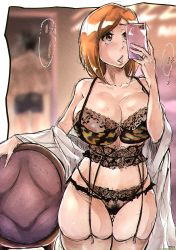 Rule 34 | 1girl, absurdres, bare shoulders, bleach, blurry, blurry background, bra, breasts, cellphone, cleavage, feet out of frame, female pubic hair, garter belt, garter straps, groin, highres, holding, holding phone, huge breasts, indoors, inoue orihime, jewelry, kurosaki isshin, legs, lingerie, long hair, looking up, maxi, mature female, navel, nipples, off shoulder, orange eyes, orange hair, panties, parted lips, phone, pubic hair, pubic hair peek, ring, see-through, speech bubble, standing, thigh gap, thighhighs, thighs, underwear, wedding band