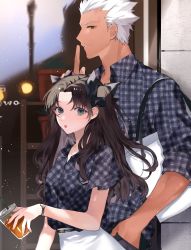 Rule 34 | 1boy, 1girl, :o, alternate costume, archer (fate), black bow, bow, collared shirt, commentary request, cup, dark skin, disposable cup, drinking straw, fate/stay night, fate (series), from side, grey hair, hair bow, highres, holding, jewelry, long hair, looking at viewer, necklace, open mouth, parted bangs, parted lips, plaid, plaid shirt, profile, shimatori (sanyyyy), shirt, skirt, teeth, tohsaka rin, two side up, watch, white bag, white hair, white skirt, wristwatch
