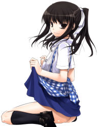 Rule 34 | 1girl, absurdres, apron, ass, black eyes, black hair, blouse, bow, breasts, buttons, clothes lift, gingham apron, highres, kneehighs, kobeya uniform, mary janes, nakajima yuka, nipples, open clothes, open shirt, plaid, plaid apron, shirt, shoes, skirt, skirt lift, small breasts, socks, solo, twintails, waitress, white shirt