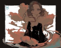 Rule 34 | 1girl, black border, black dress, border, brown eyes, closed mouth, cloud, dress, earrings, expressionless, frown, jewelry, long hair, long sleeves, looking at viewer, narue, original, personification, simple background, sketch, solo, wavy hair, white background