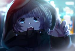 Rule 34 | 1girl, absurdres, bad id, bad pixiv id, black jacket, black nails, blue eyes, blurry, blurry background, braid, brown hair, character request, cityscape, claw pose, commentary request, copyright request, eyebrows hidden by hair, fangs, film grain, hand up, headwear request, high collar, highres, jacket, long sleeves, looking at viewer, nail polish, open mouth, outdoors, red headwear, side braid, sidelocks, single braid, sleeves past wrists, solo, teeth, tirudo29, tongue, upper body, upper teeth only