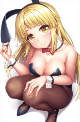 Rule 34 | 1girl, animal ears, bang dream!, bare shoulders, black footwear, black leotard, blonde hair, blunt bangs, blush, bow, bowtie, breasts, cleavage, closed mouth, detached collar, fake animal ears, from above, full body, hand on own knee, heart, lambda (kusowarota), leotard, long hair, looking at viewer, medium breasts, pantyhose, playboy bunny, rabbit ears, red bow, red bowtie, shoes, sidelocks, simple background, smile, solo, squatting, strapless, strapless leotard, tsurumaki kokoro, white background, wrist cuffs, yellow eyes