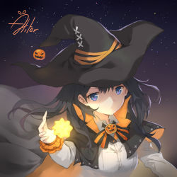 Rule 34 | 1girl, aliter, black cape, black hat, blue eyes, bow, breasts, cape, closed mouth, collared shirt, commentary request, glowing, hair between eyes, halloween, hand up, hat, highres, jack-o&#039;-lantern, long sleeves, looking at viewer, medium breasts, multicolored cape, multicolored clothes, night, night sky, orange cape, original, shirt, signature, sky, solo, star (sky), starry sky, striped, striped bow, upper body, white shirt, witch hat