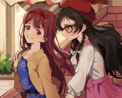 2girls, absurdres, beige jacket, beret, bespectacled, black-framed eyewear, blue dress, blush, braid, brown hair, casual, closed mouth, dress, floral print, glasses, hano9789, hat, headband, highres, idolmaster, idolmaster million live!, jacket, kitazawa shiho, long hair, long sleeves, multiple girls, open clothes, open jacket, parted lips, pink dress, red eyes, red hair, red headband, red headwear, shirt, smile, tanaka kotoha, twin braids, upper body, white shirt, yellow eyes