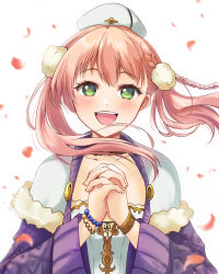 Rule 34 | 1girl, :d, atelier (series), atelier escha &amp; logy, blush, bracelet, braid, capelet, commentary request, escha malier, fur-trimmed capelet, fur trim, green eyes, hands up, hat, interlocked fingers, jacket, jewelry, long hair, long sleeves, looking at viewer, open mouth, own hands together, petals, pink hair, purple jacket, shirt, smile, snowstar, solo, teeth, twintails, upper body, upper teeth only, white background, white capelet, white hat, white shirt, wind