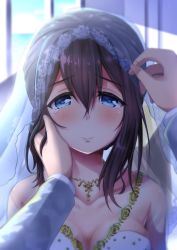 Rule 34 | 0141zucker, 10s, 1girl, black hair, blue eyes, blush, breasts, bridal veil, bride, cleavage, dress, hairband, hand on another&#039;s face, idolmaster, idolmaster cinderella girls, jewelry, long hair, looking at viewer, necklace, pov, sagisawa fumika, smile, solo, solo focus, tears, veil, wedding dress
