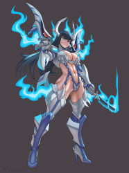 Rule 34 | 1girl, absurdres, ahoge, aura, black hair, blue eyes, blue fire, boots, breasts, cleavage, cleavage cutout, clothing cutout, energy, fire, glowing, high heel boots, high heels, highres, holding, holding sword, holding weapon, junketsu, kill la kill, kiryuuin satsuki, long hair, medium breasts, nonneim, revealing clothes, standing, sword, thick eyebrows, thigh boots, thighhighs, weapon, white footwear, white thighhighs
