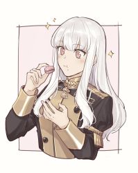 1girl :t black_jacket blush cropped_torso eating fire_emblem fire_emblem:_three_houses food food_on_face garreg_mach_monastery_uniform highres holding holding_food jacket long_hair long_sleeves lysithea_von_ordelia macaron nanao_parakeet nintendo red_eyes silver_hair solo straight_hair very_long_hair