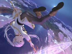 Rule 34 | 1girl, :o, absurdres, ass, belt, black belt, black pantyhose, brown footwear, cloud, commentary request, dress, earrings, elf, falling, floating hair, frieren, full body, full moon, green eyes, highres, himitsu (hi mi tsu 2), holding, holding staff, jewelry, landscape, long hair, long sleeves, magic, moon, mountain, open mouth, pantyhose, pointy ears, sky, solo, sousou no frieren, staff, twintails, upside-down, white dress, white hair