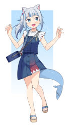 Rule 34 | 1girl, :d, animal ears, bag, blue eyes, blue hair, blunt bangs, cat ears, commentary, cube hair ornament, fins, fish tail, full body, gawr gura, gawr gura (casual), hair ornament, hands up, highres, hololive, hololive english, long hair, looking at viewer, multicolored hair, official alternate costume, open mouth, saiste, sandals, shark tail, sharp teeth, short hair, shoulder bag, side ponytail, simple background, skirt, skirt set, smile, solo, streaked hair, tail, teeth, two-tone hair, virtual youtuber, white background