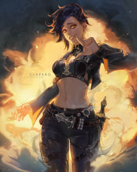 Rule 34 | 1girl, armor, artist name, black hair, breasts, claparo, commentary, commission, cowboy shot, dungeons &amp; dragons, english commentary, finger to mouth, grin, leather, leather pants, long sleeves, looking at viewer, medium breasts, navel, orange eyes, pants, sheath, sheathed, short hair, smile, smoke, solo, sword, weapon