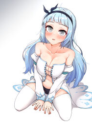 Rule 34 | 1girl, arms between legs, bare shoulders, black hairband, black panties, blue hair, blue trim, blunt bangs, blush, breasts, cleavage, collarbone, detached sleeves, dress, dulldull, eyelashes, from above, full body, gradient hair, grey eyes, hairband, highres, large breasts, long hair, long sleeves, looking up, magician (ice lightning), maplestory, multicolored hair, navel, open mouth, panties, puffy sleeves, short bangs, simple background, sitting, solo, strapless, strapless dress, thighhighs, underwear, wariza, white background, white dress, white sleeves, white thighhighs