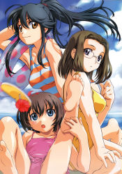 Rule 34 | 00s, 3girls, :o, absurdres, age difference, ahoge, arm up, armpits, ass, back, barefoot, beach, black hair, blue eyes, blush, breasts, brown hair, casual one-piece swimsuit, child, cloud, crotch, day, feet, flat chest, floating hair, frilled swimsuit, frills, glasses, hair between eyes, hand on foot, highres, hitotsubashi yurie, innertube, kamichu!, kneeling, kneepits, leaning forward, leg up, light smile, looking at viewer, looking back, lying, megami magazine, motion blur, multiple girls, ocean, official art, on back, on ground, one-piece swimsuit, orange eyes, orange one-piece swimsuit, outdoors, parted lips, pink one-piece swimsuit, polka dot, ponytail, purple eyes, reclining, rimless eyewear, saegusa matsuri, sandals, scan, scrunchie, shijou mitsue, short hair, sidelocks, sitting, sky, smile, soles, spread legs, striped clothes, striped one-piece swimsuit, swim ring, swimsuit, toes, transparent, unworn sandals, uon taraku, wariza, water, yellow one-piece swimsuit